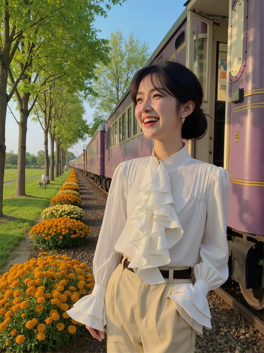 Koszule w stylu francuskim z falbankami, japońskie bluzki, damskie ubrania świąteczne, letnie bluzki w kratę, kobiece, modne wycięcia na ramionach, estetyka.