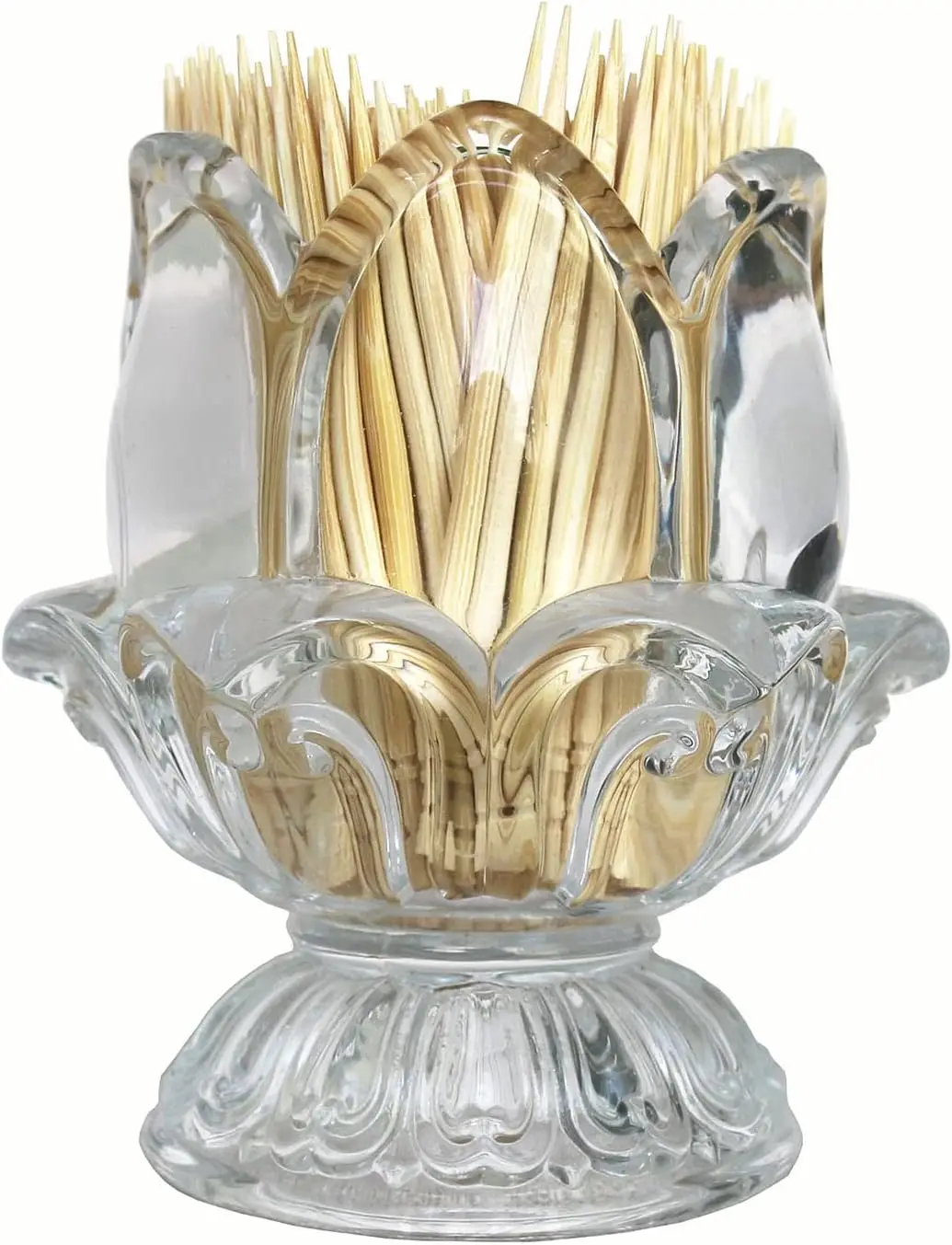 

Crystal Glass Toothpick Dispenser with 450 Bamboo Picks, Decorative Tulip Holder for Home