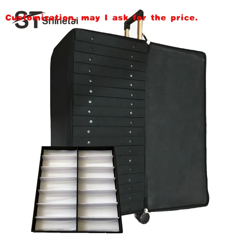 custom.Custom Can Move Trolley 10 Trays Sunglasses Storage Packing Eyewear Showcase PU Black Eyeglasses Display Cabinet Suitcase