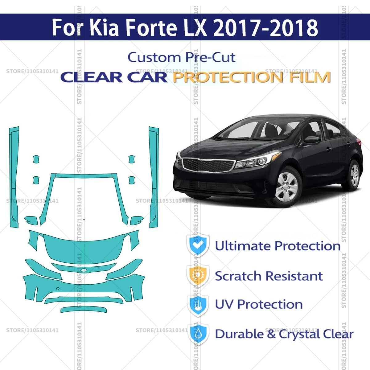 

Для Kia Forte LX 2017-2018: Профессиональная прозрачная защитная пленка (PPF) для автомобиля, предварительно вырезанная, комплект для передней части и порогов.