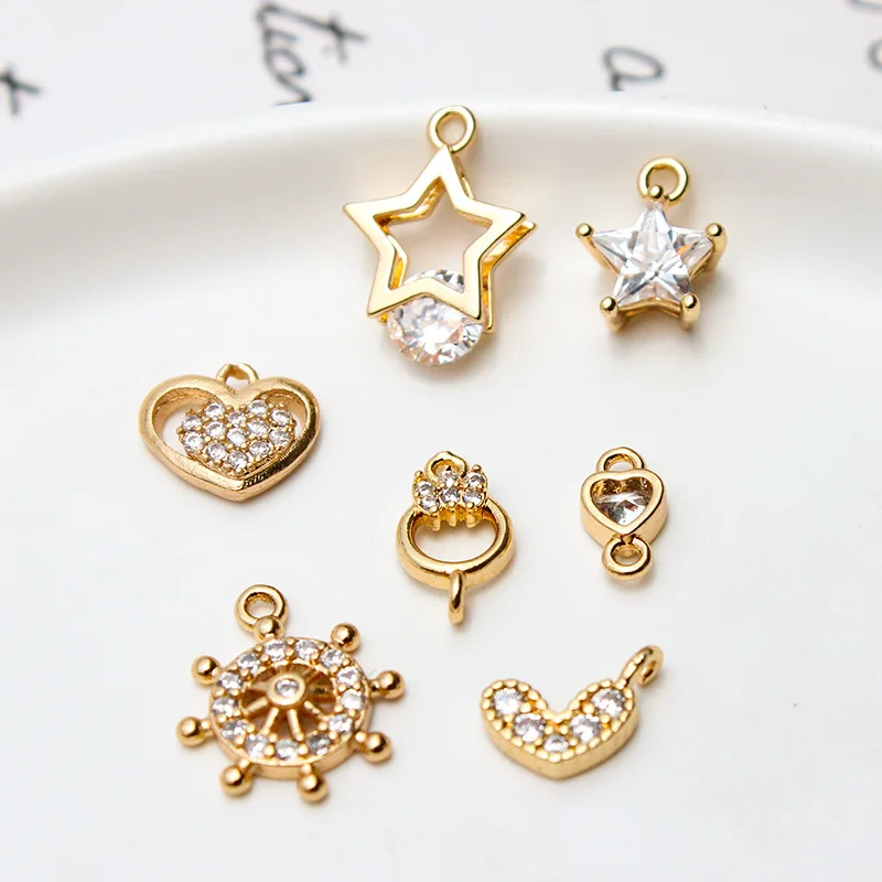 6pcs  Copper Micro-inlaid Zircon Rudder Star Heart Pendant Pendant Earrings Pendant Necklace Material Diy Jewelry Accessories