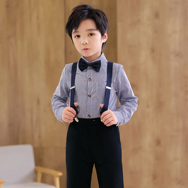 

Spring Autumn Boys Gentleman Clothing Set Long Sleeve Striped Bowtie Shirt Tops + Suspender Trousers Kids Teen Formal Party Suit