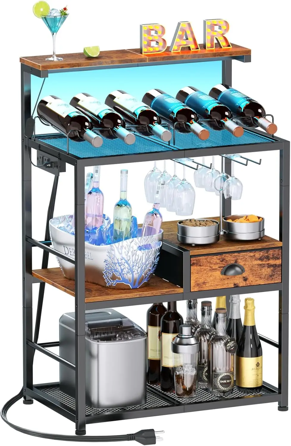 

Bar Cart With Power Outlet & Led Lights, 4-Tier Freestanding Cart And Wine Rack, Mini Wine Bar Cabinet For Liquor, Glasses In