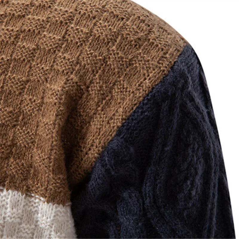 Autumn Winter Men\'s Fashion Patchwork Knit Pullovers Slim Fit Casual Knitted Sweater Men Mock Neck Vintage Streetwear Knitwear