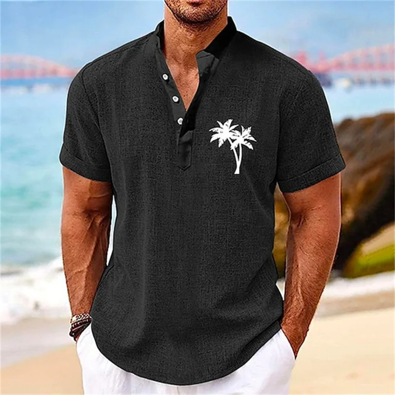 Anchor 3D Printed Henley Shirts Men\'s Fashion Vintage Oversized Button Stand Collar Short Sleeve T Shirt Tees Tops Man Clothing