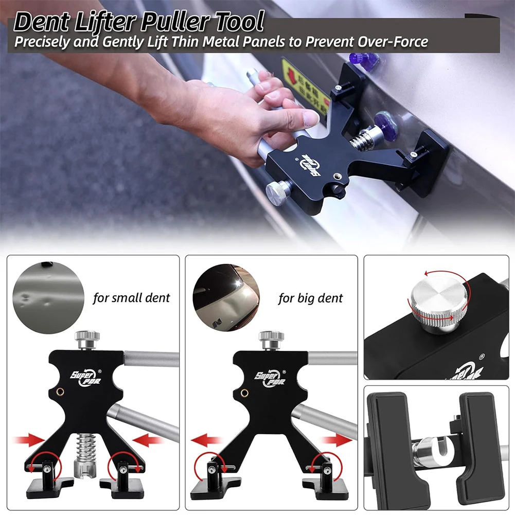 Zestaw do bezlakierowego usuwania wgnieceń karoserii samochodowej z mostkiem do podnoszenia wgnieceń, gumowym młotkiem i T-barą do naprawy wgnieceń.