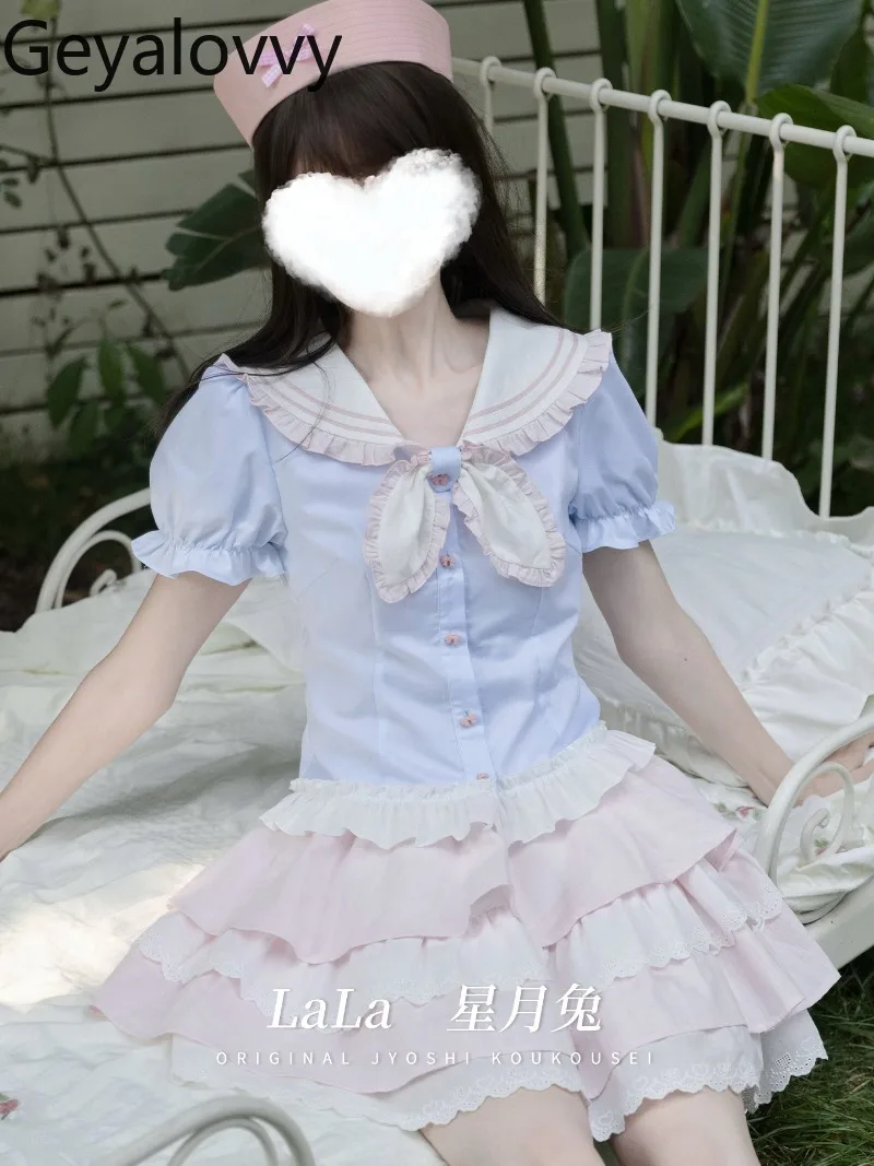 

Японский оригинальный дизайн, новый летний милый костюм, кукольный воротник, рубашка с короткими рукавами, топ и розовая юбка трапециевидной формы с тортом, комплект из двух предметов