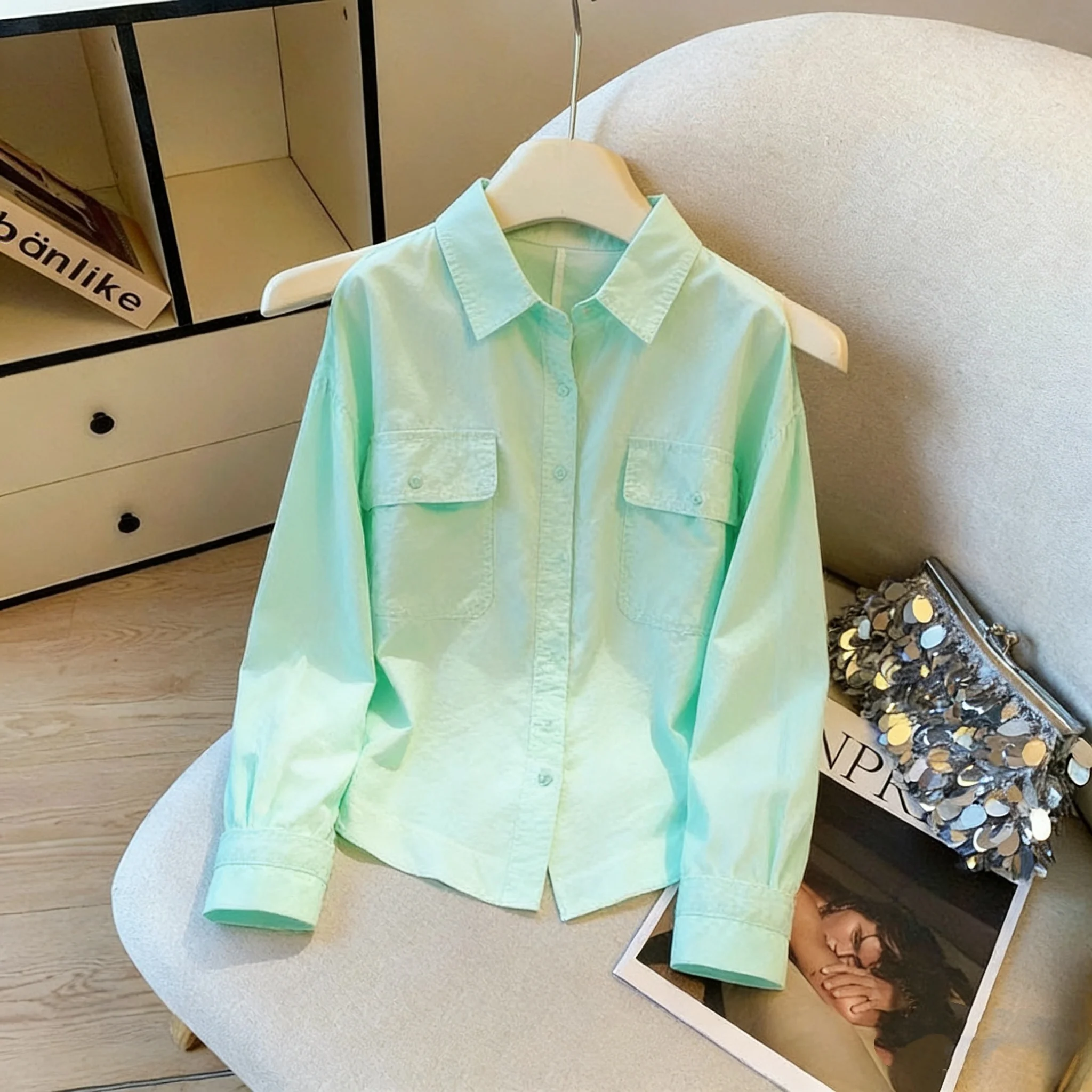 

Yellow Pure Cotton Casual Shirt Women's Inner Wear Layering Spring Autumn New Small Size Luxury Elegant Collar Button up