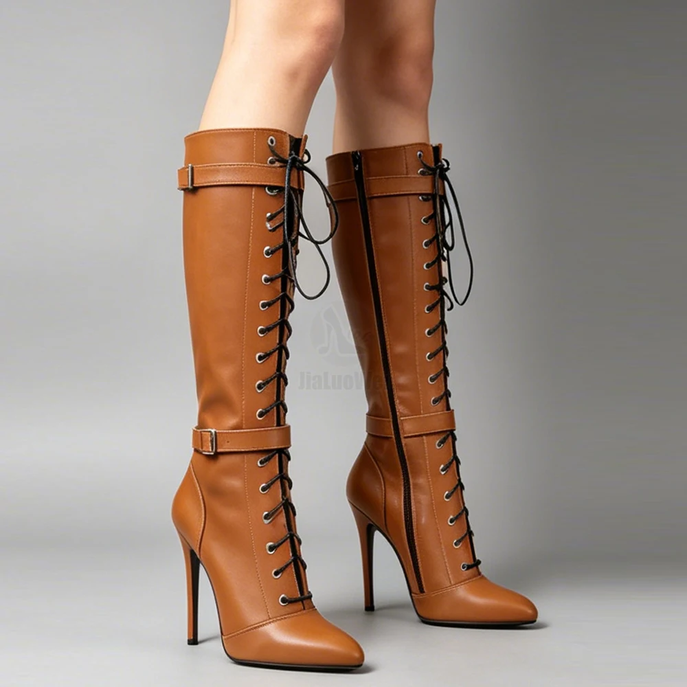 

14CM High Heel Pointed Toe Lace Up Knee High Boot Vegan Vintagefashion Bondage Corsets Shoes
