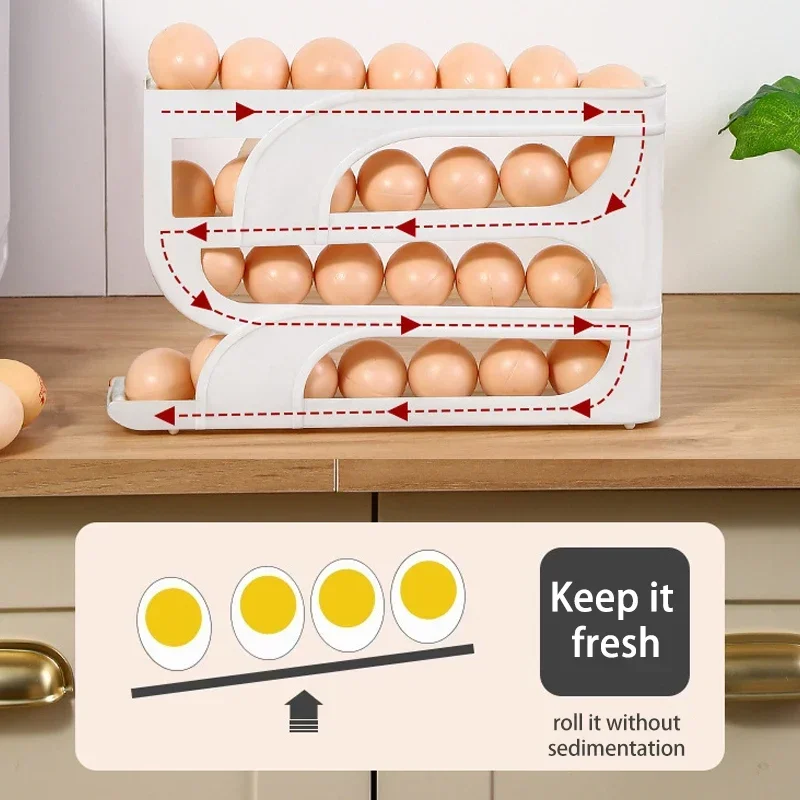 4-Tier Auto Rolling Egg Holder Refrigerator Egg Storage Container Large Capacity Egg Tray Fridge Side Door Organizer