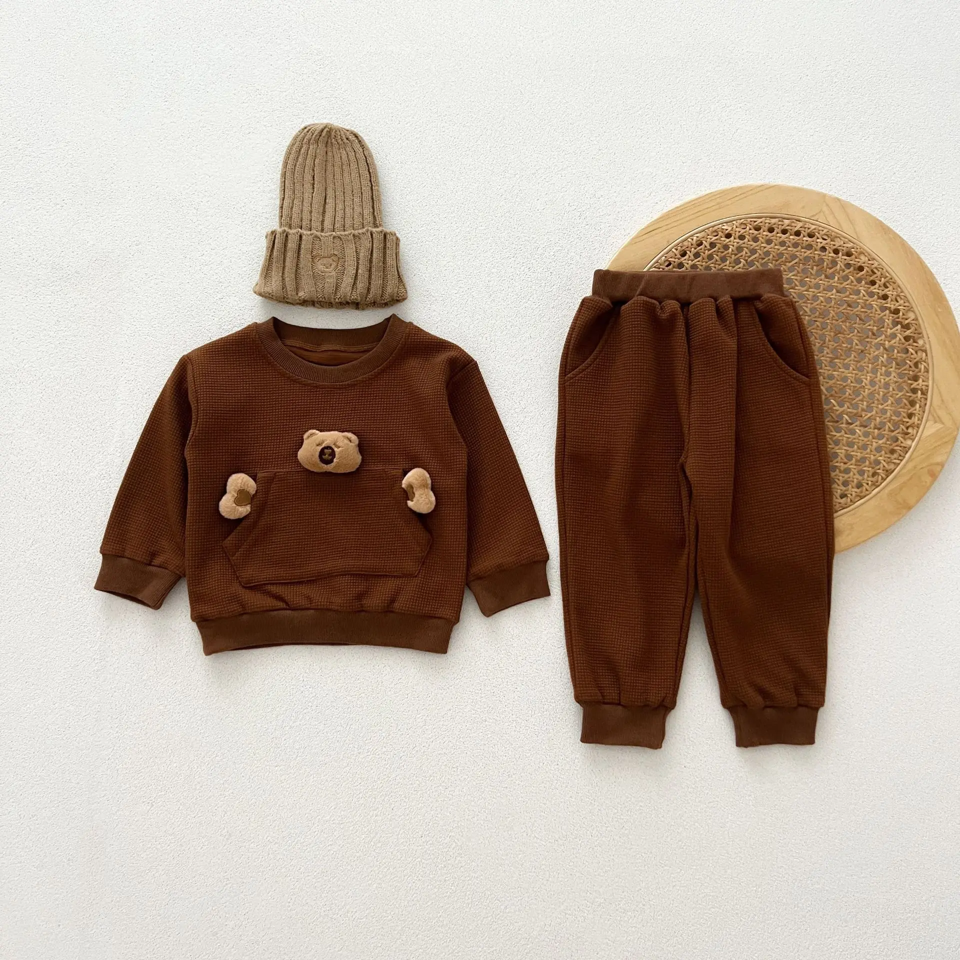 2024 Korean Autumn Infant Boy 2PCS Clothes Set Cartoon Bear Pocket Waffle Pullovers Cotton Solid Pants Suit Toddler Boy Outfit