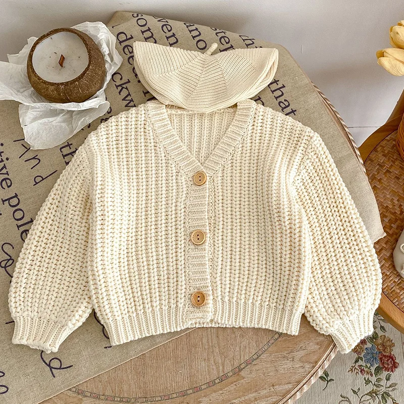 2024 New Autumn Toddler Baby Girl Knitting Cardigan Long Sleeved Solid Color Knitted V-neck Coat Newborn Baby Girls Sweater