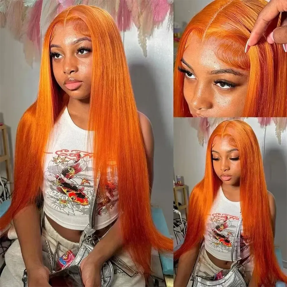 

Orange colored Straight Hair 13x6 Transparent Lace Frontal Human Hair Wigs Preplucked 30 inch Long Ginger Lace Front Wig on sale