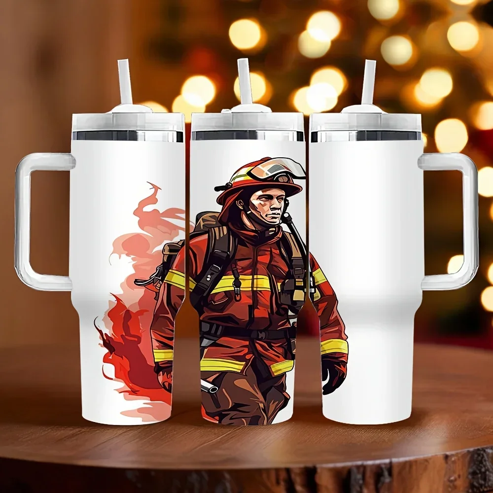 40oz Insulated Tumbler with Handle And Straw, Firefighter Pattern Print, Great Holiday Birthday Gift for Firefighter Enthusiasts, Long Term Insulation for Daily Commuting And Outdoor Scenarios