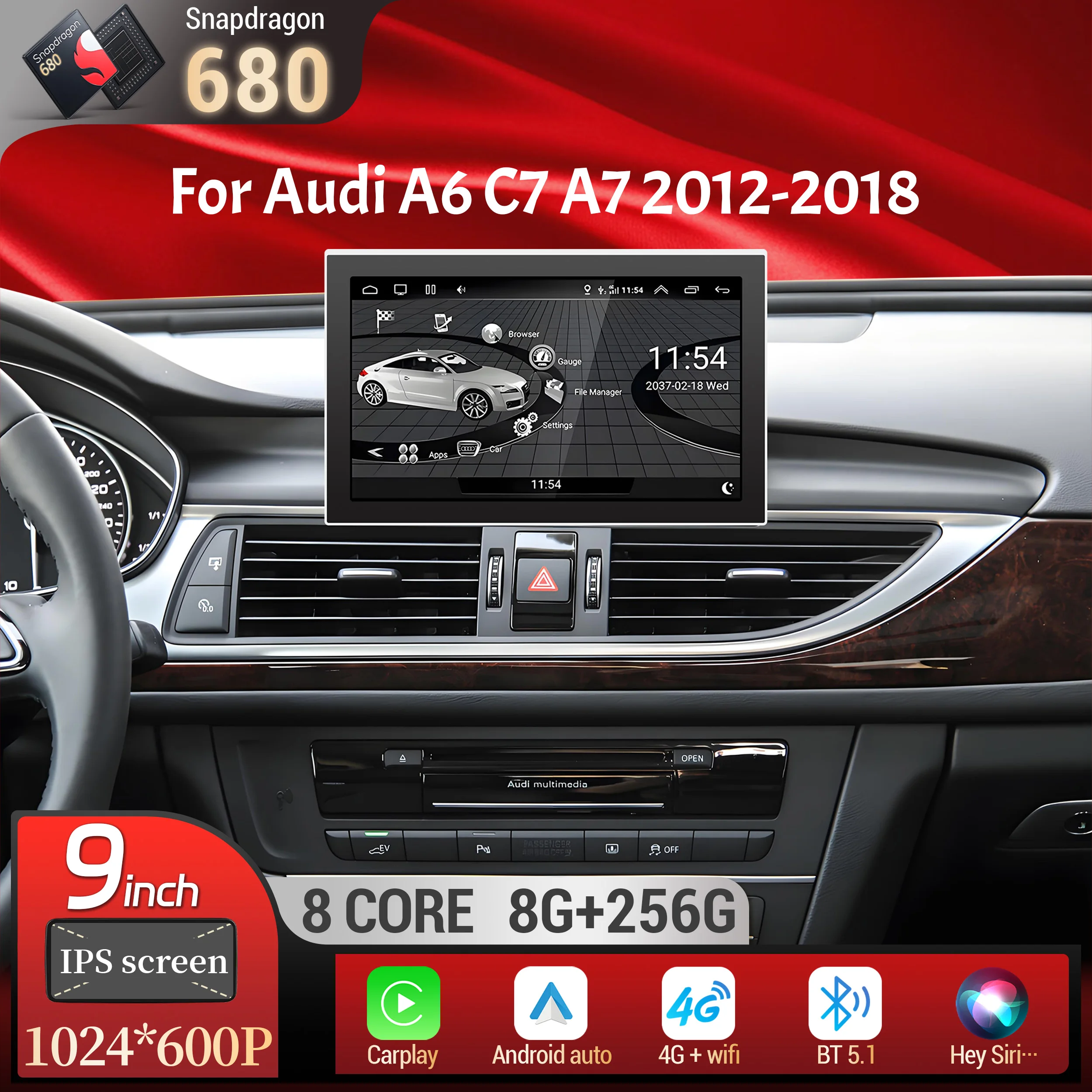 9 inch Android 14 For Audi A6 C7 A7 2012-2018 Wireless Bluetooth Carplay Head Unit Qualcomm Snapdragon 680 Screen Stereo System