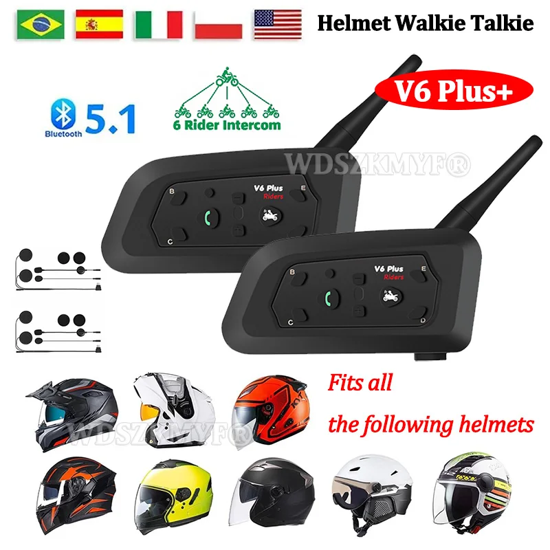 V6 PLUS Motorcycle Helmet Intercom Bluetooth Walkie Talkie 6 Rider Distance 1500 Meters Waterproof IP67 MP3 Play Music Type-C