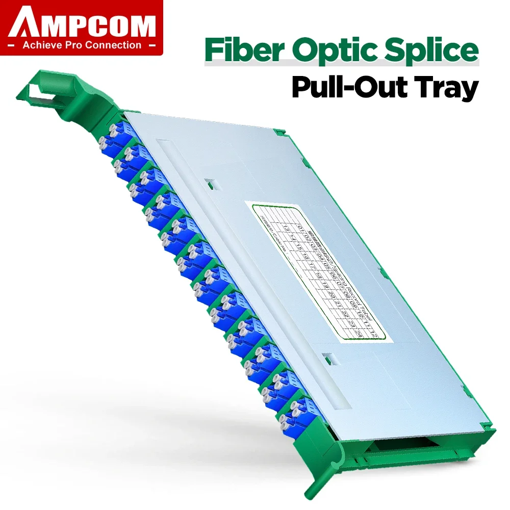 AMPCOM LC Pull-out Slide Splice Tray for FIber Optic ODF Enclosure , 24/48 Fibers Single Mode with Ribbon Cable