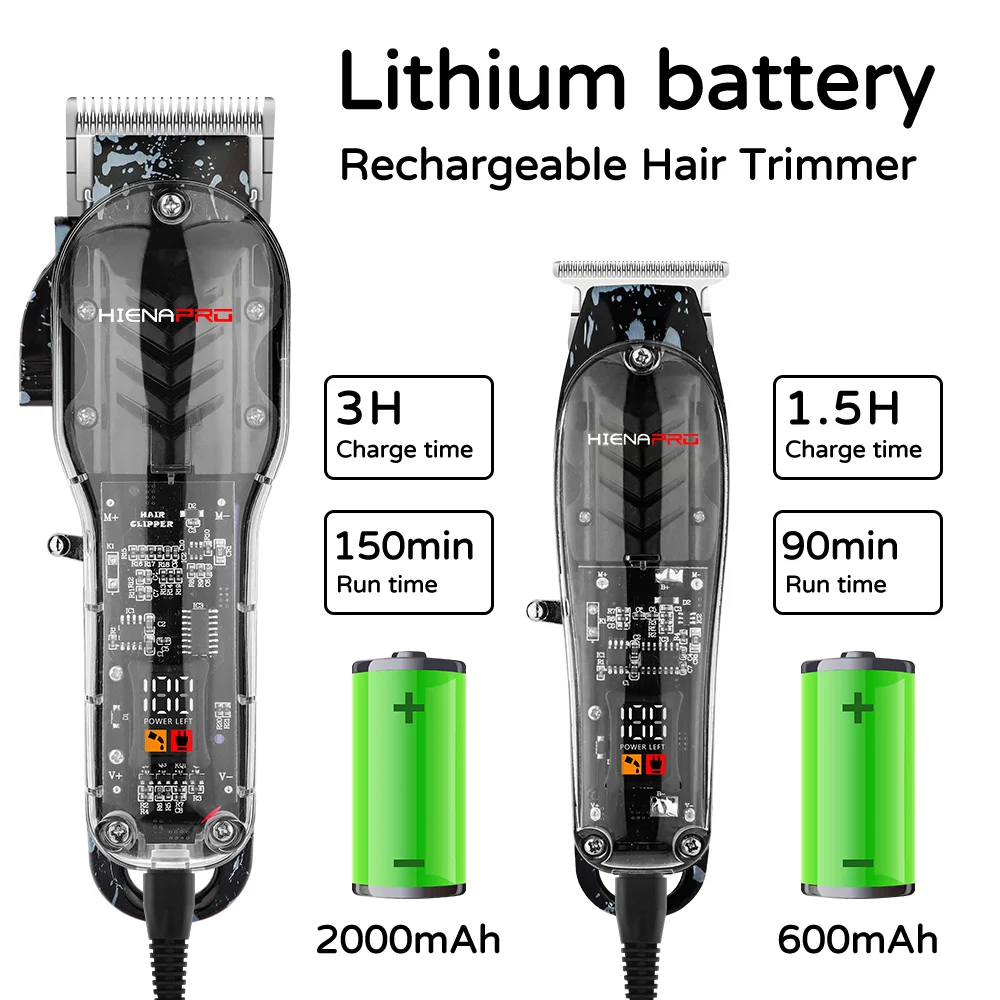 HIENA PRO Professional Clear Shell Hair Clipper And Outline Trimmer Kit Visable Circuit Board LCD Power Display Rechargeable Haircut Set With Multi Color Limit Combs For Barber Shop Family Use
