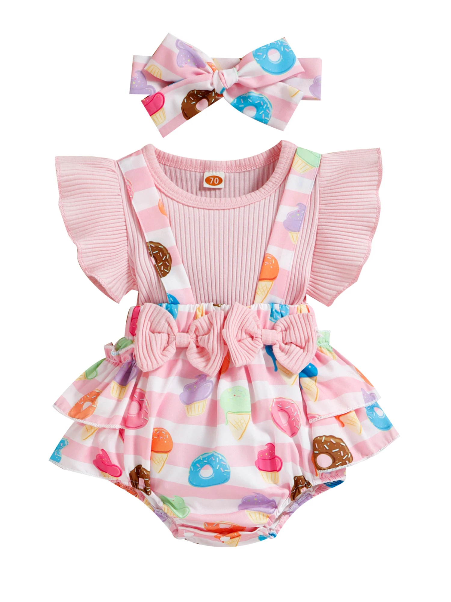 0-24M Summer Baby Girls Romper Cow Print Splicing Bow Decoration Fly Sleeve Jumpsuit Headwear Set