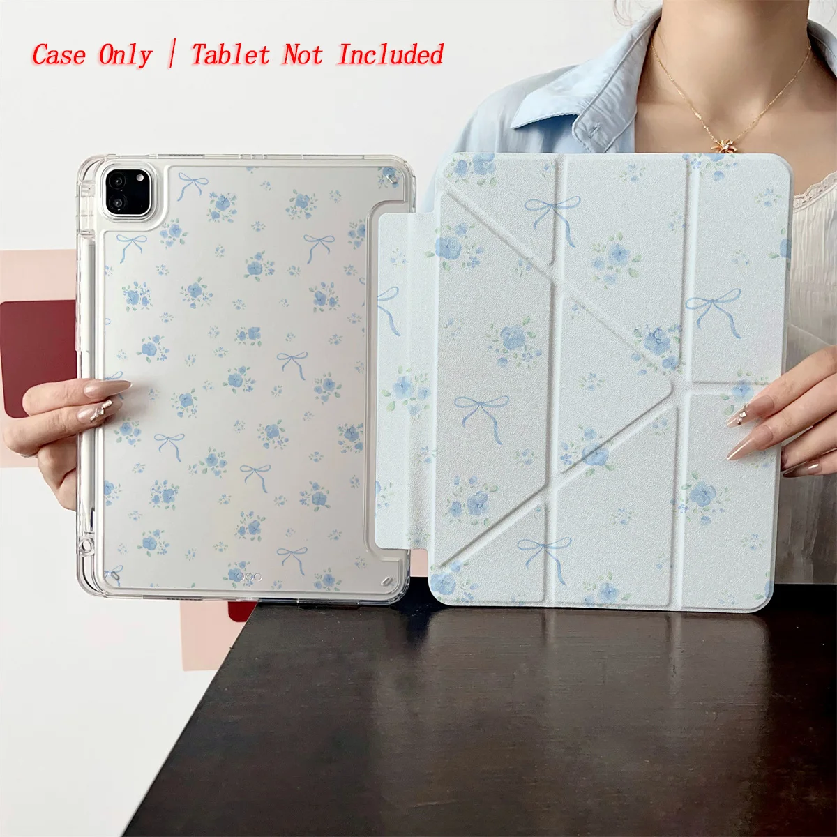 Elegant Y-Fold Acrylic Pale Blue & Tiny Light Blue Blossoms iPad Case For Apple iPad Pro 12.9 Air 3 Mini 5 9th Gen Cover