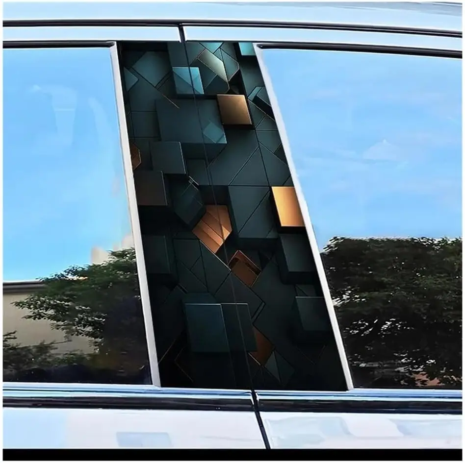 Self‑Adhesive 2pcs Car Center Pillar Protection Stickers Geometric Cubes Pattern Scratch Resistant Film B Pillar Car Sticker Dec
