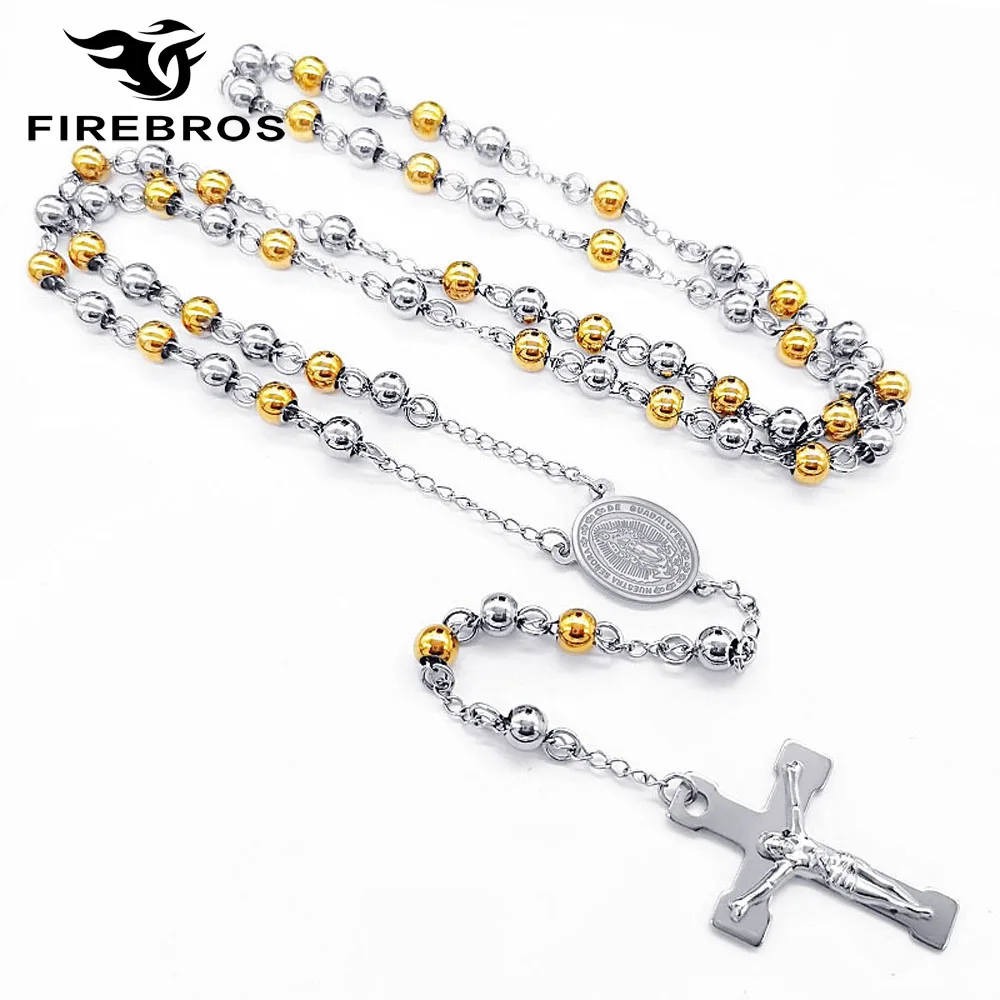 FIREBROS 6mm Beads Long Chain Catholic Rosary Necklace Stainless Steel Jesus Crucifix Cross Pendant Men Women Religious Jewelry