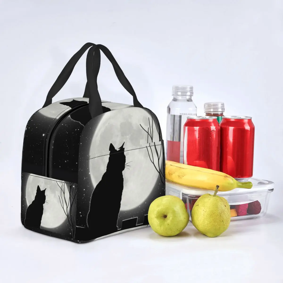 Black Cat Looking At The Full Moon Insulated Lunch Tote Bag for Women Animal Cartoon Portable Thermal Cooler Bento Box