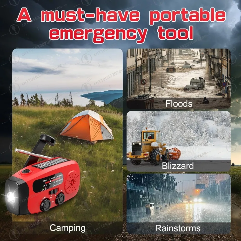 راديو طوارئ للبقاء على قيد الحياة مع شحن بالطاقة الشمسية وكرنك، وبنك طاقة 2000 مللي أمبير في الساعة وإنذار SOS للمغامرات الخارجية
