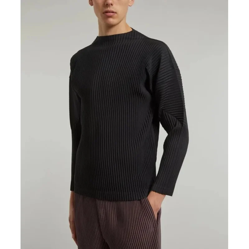Miyake Pleated Men's Mock Neck Long Sleeve T Shirt Plisse Side Split Drop Shoulder Loose Fit Stretch Casual Streetwear Top