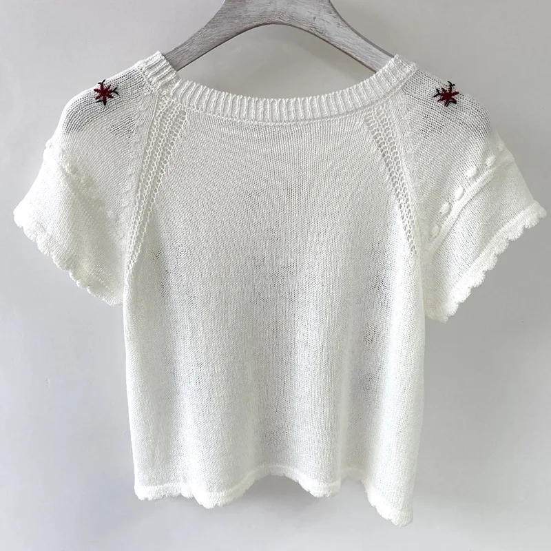 Round Neck Printed Embroidery Knit Sweater Women Summer Thin Short Sleeve Knit Top Wave Hem T-Shirt