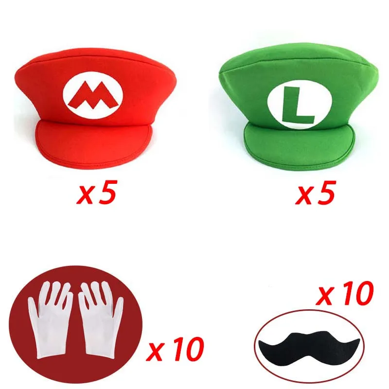 Rood Groen Super Bros Hoeden Set Mary Luigy Caps Snorren Handschoenen voor Halloween Kerst Cosplay Kostuums Bijpassende Accessoires