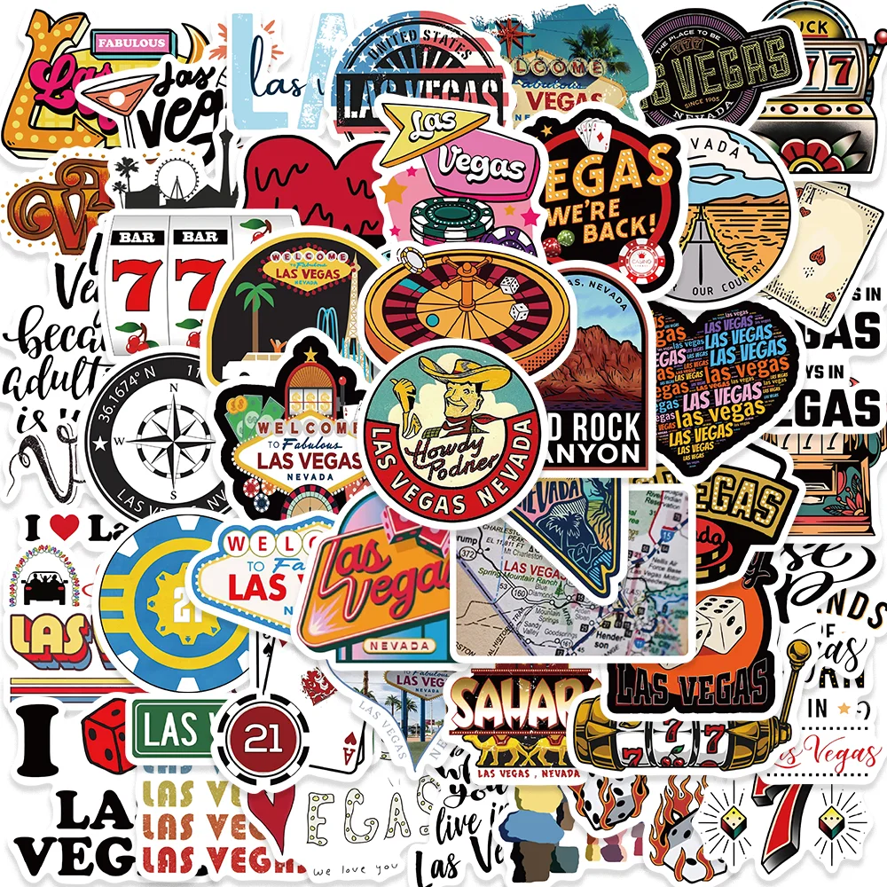 50pcs Vintage Las Vegas Stickers Cartoon Waterproof Graffiti DIY Sticker Decoration Scarpbook Skateboard Laptop Notebook Diary