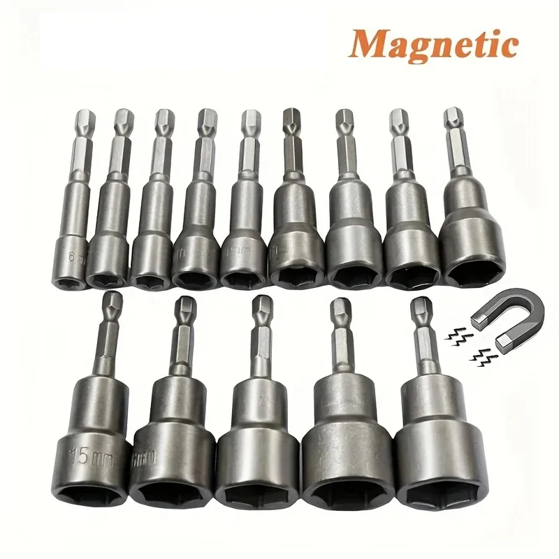6mm-15mm Impact Socket Magnetic Nut Screwdriver 1/4 Hex Key Set Drill Bit Adapter for Power Drills Impact Drivers Socket Kit
