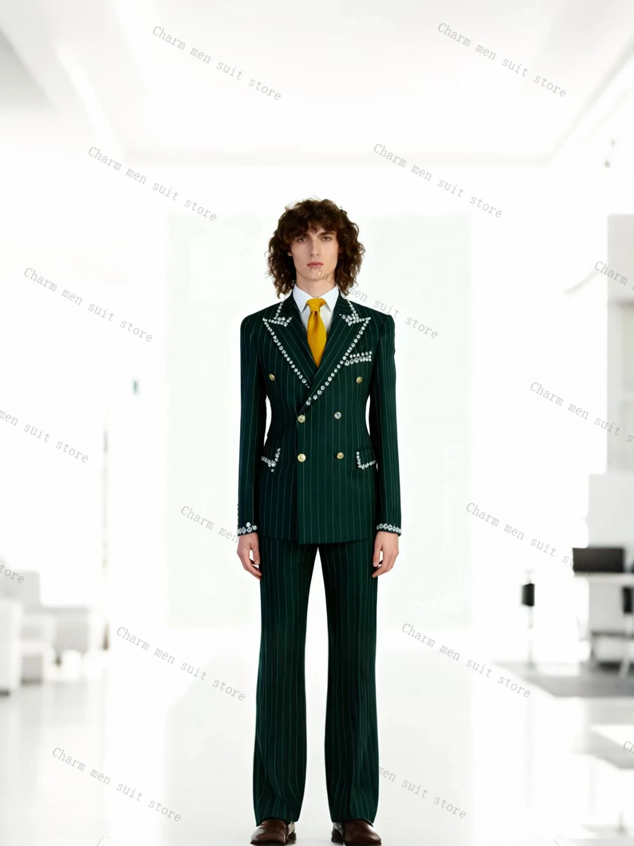 Grey Pinstripe Men Suits Set 3 Pcs Cotton Blazer+Pants Trousers Crystals Wedding Tuxedo Formal Office Business Groom Jacket Coat