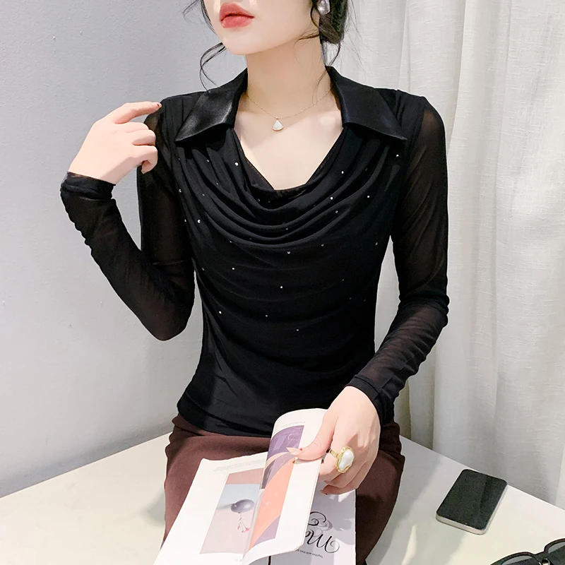 2024 New European Clothes Fall Winter Mesh T-Shirt Chic Sexy Heaps Collar Patchwork Women\'s Tops Long Sleeve Casual Tees 49104