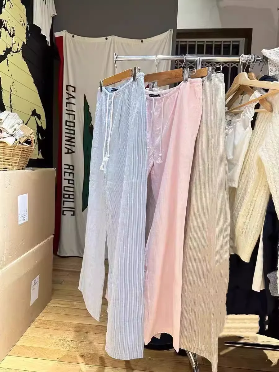 

Розовые полосатые брюки-стринги с широкими штанинами, женские, в американском ретро-стиле, прямые, повседневные, длинные, модные, хлопковые, для отдыха