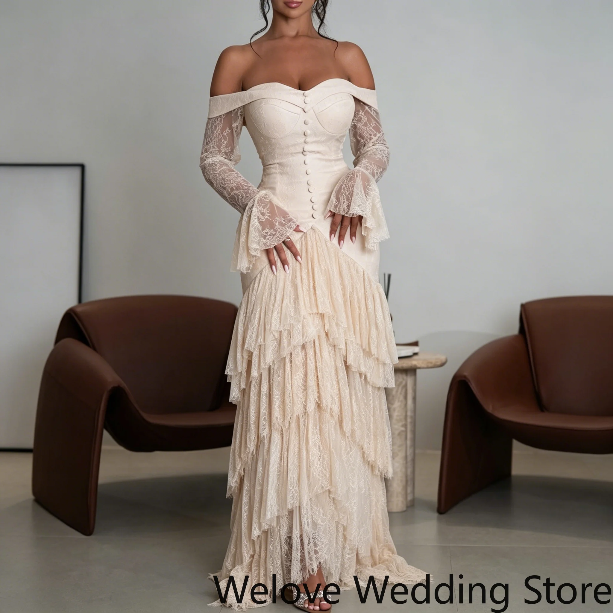Customized Off Shoulder Lace Mermaid Evening Dress Flared Long Sleeves Button Front Tiered Ruffle Asymmetrical Floor Length