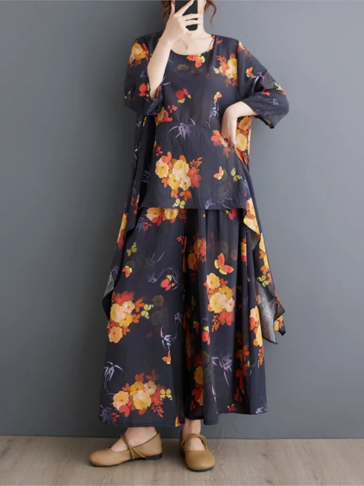 Übergroßes Sommerblumen-2-Zweiteiler-Set für Damen, T-Shirt, modisch, unregelmäßige Damenblusen, lockere Damenhose mit weitem Bein