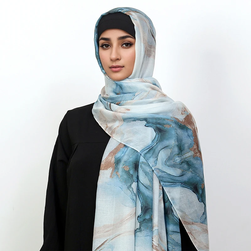 Écharpe Hijab Imprimée pour Femme Musulmane, Foulard Ombre Premium, Châle Imprimé Marbre et Eau, Bandana, Max Luxe, Nouveau,