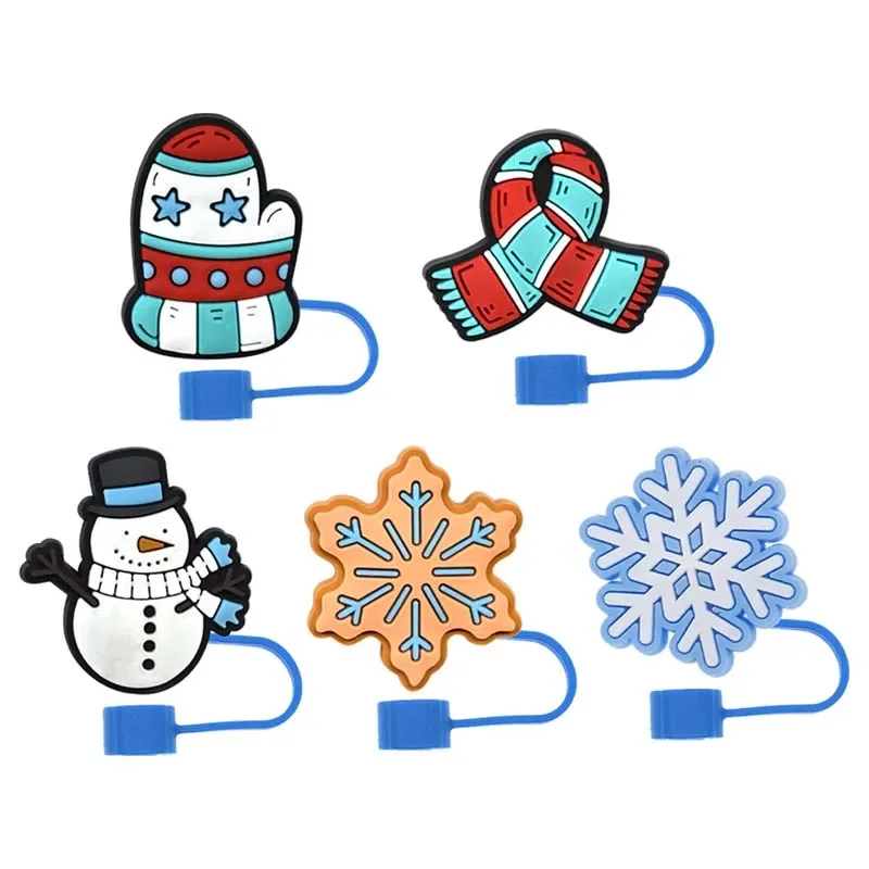 5Pcs Christmas Straw Toppers Set Cute Christmas Snowflake Snowman Scarf Straws Cover for Festival Birthday Party Cup Accessories