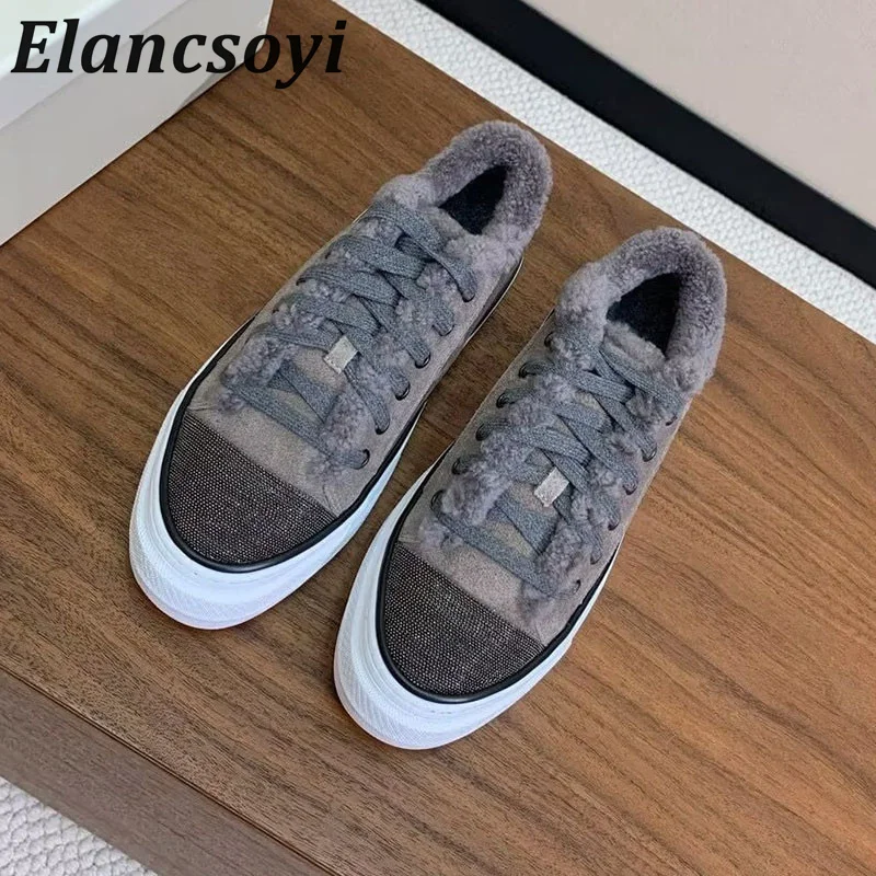 Walking Shoes Cow Suede String Bead Decor Lace-up Flat Shoes Autumn Winter Women's Plush Lining keep Thick Bottom Casual Shoes