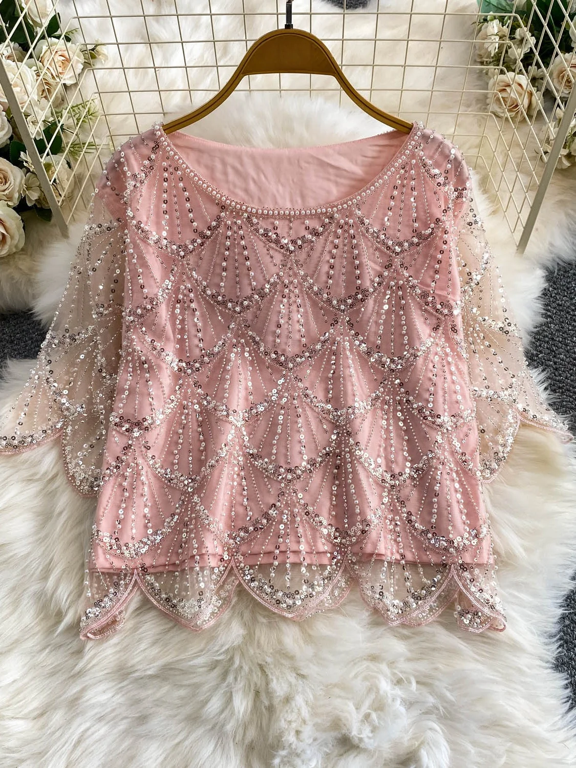 Summer Party Slimming round Neck mid Sleeve T-Shirt Women Heavy Work Bead Sequin Mesh Top Korean Style Creative Design