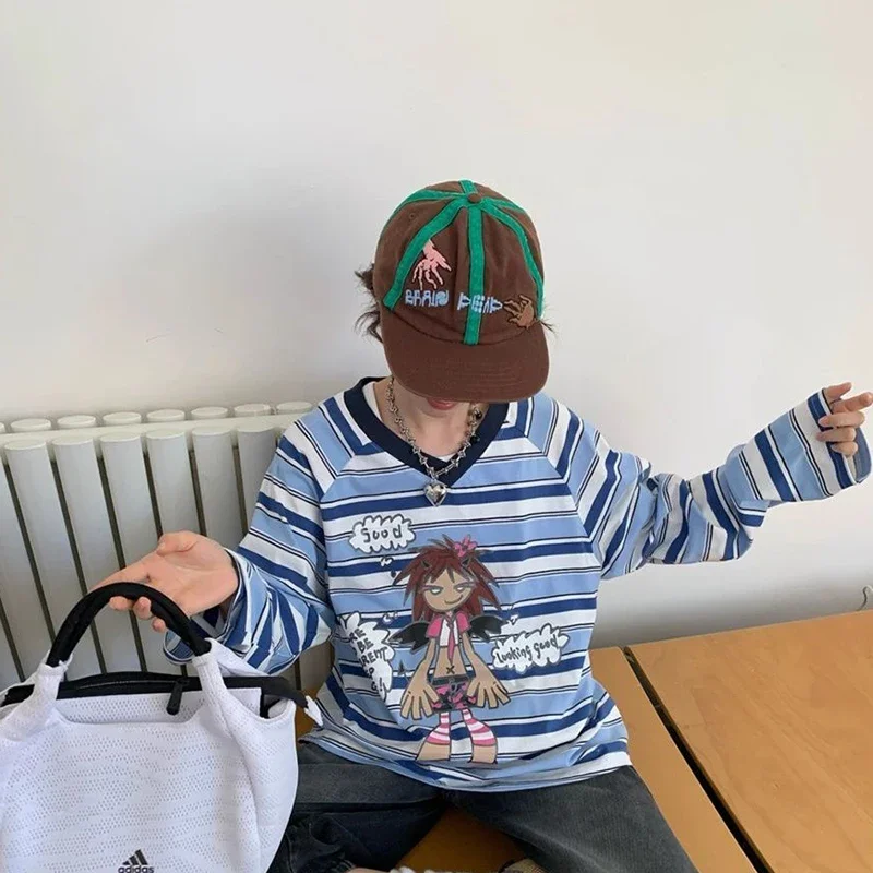 أزياء مخططة طباعة تي شيرت المرأة اليابانية الخامس الرقبة طويلة الأكمام المرأة تي شيرت Y2K الشارع الشهير ملابس نسائية فضفاضة غير رسمية #1