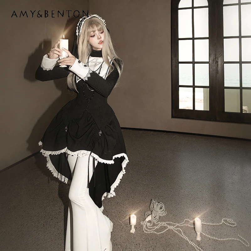 고스 코스프레 무대 의상 수녀 정장 오리지널 로리타 드레스 하위 문화 패치 워크 긴팔 탑 스트레이트 바지 투피스 세트