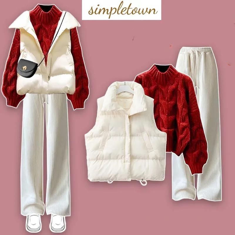 Autumn and Winter Set Women's New Cotton Jacket Vest with Red Knitted Sweater Slimming Casual Pants Three Piece Set