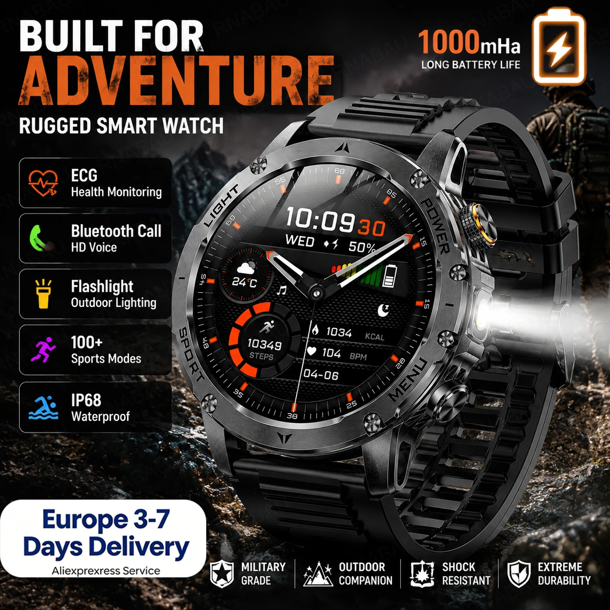 2026 Neue Smartwatch für Herren 1,7 Zoll AMOLED Bluetooth-Anruf EKG PPG Outdoor-Sportuhr IP68 Wasserdicht Taschenlampe Sport Große Batterie Fitness-Tracker Android iOS