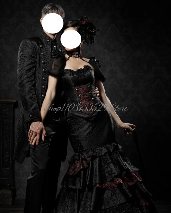 Historical Black Victorian Prom Dresses Medieval O Neck Short Sleeve Appliqued Tiered Laced Corset Halloween Role Play Dresses