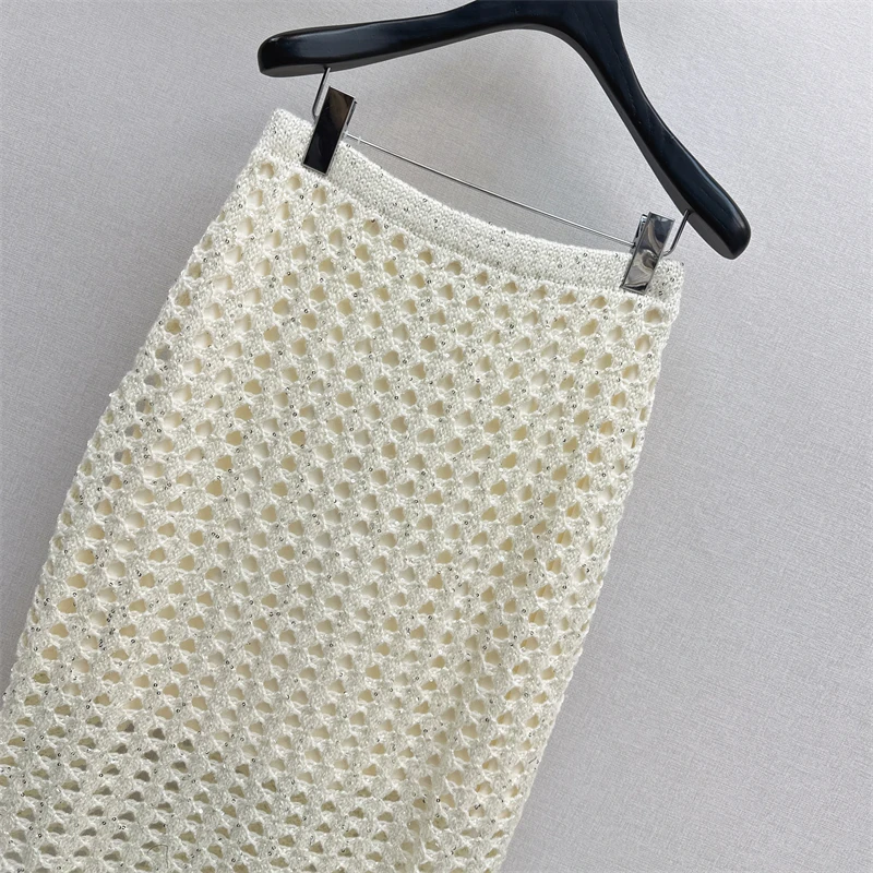 

Women's skirt New knitted hollow out long skirt for autumn 2025 Sequin blended women's half skirt High waisted slim pencil skirt