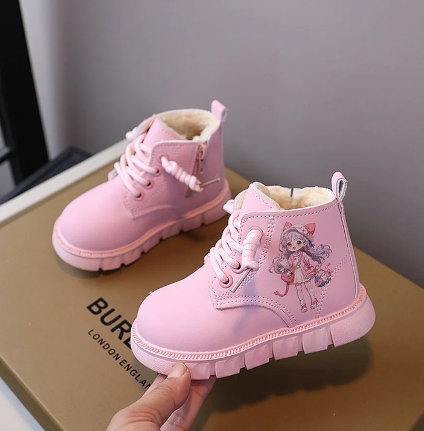 Children's Velvet Snow Boots 2022 Winter Fashion Cartoon Pattern Girls' Warm Sneakers Versatile Toddle Waterproof Plush Shoes
