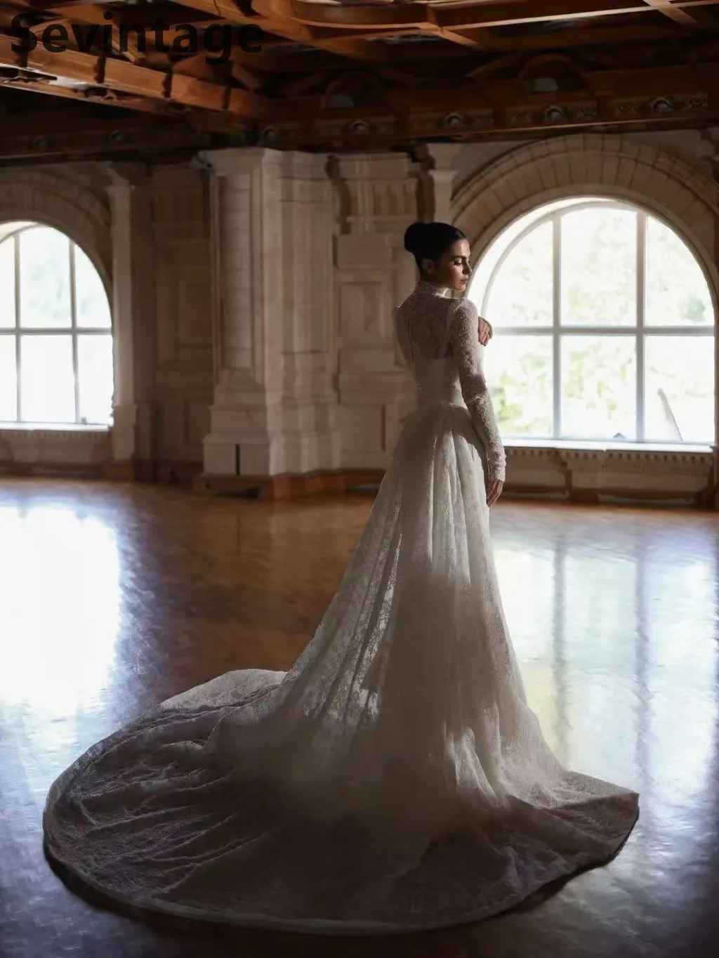 Sevintage 2025 Long Train Lace Wedding Dress High Neck Long Sleeve Mermaid Bridal Gown Customizable Robe De Mariée